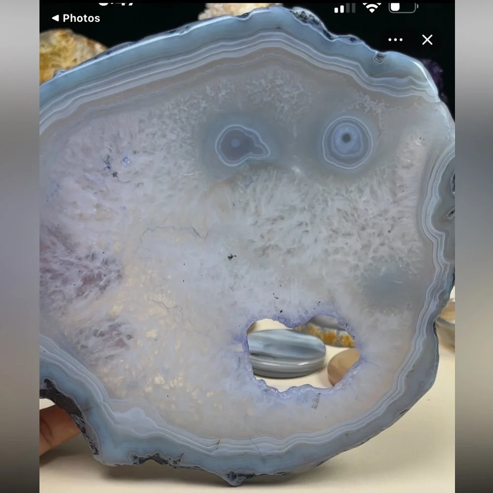 Big Polished Agate Slab with Stand - Pale Blue Screaming Face 7.5×7×0.38 inches